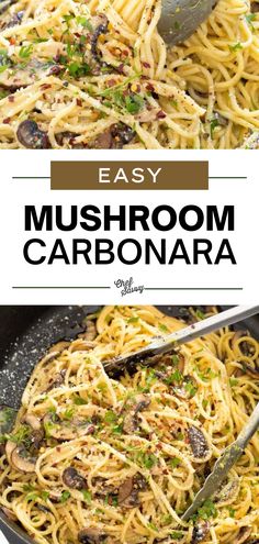 an easy mushroom carbonara recipe in a skillet