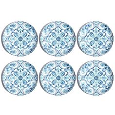 six blue and white plates with floral designs on the front, set of four in different sizes