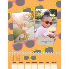 a calendar with two pictures of children in sunglasses