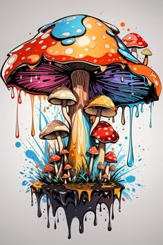 colorful mushrooms with drops of paint on them