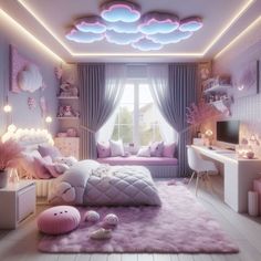 a bedroom with pink and purple decor in the ceiling, windows, rugs and bedding