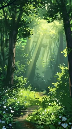 the sun shines through the trees and leaves in the forest, as if it were painting