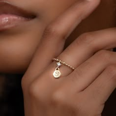 14k Solid Gold Letter Charm Ring, Real Gold Personalized Initial Charm Ring, Premium  Dangle Ring with Beaded Band, Handmade Fine Jewelry By Selanica. 💙 The ring material is 14k solid gold, should not be confused with gold plating or filling. It will never tarnish or fade over time. We're offering the finest quality in solid gold jewelry. 💎 Gemstones is a premium grade D Color (colorless) VS/SI clarity moissanite.  💙 Our jewelry is handcrafted with love and great care at San Francisco Bay! Al 14k Gold Beaded Jewelry Gift, 14k Gold Beaded Jewelry For Gifts, Beaded 14k Gold Jewelry Gift, Beaded 14k Gold Jewelry As Gift, Beaded Yellow Gold Jewelry For Anniversary, Anniversary Beaded Round Ring, 14k Gold Round Beads Jewelry For Anniversary, Stackable Jewelry With Round Beads For Anniversary, Stackable Round Beads Jewelry For Anniversary