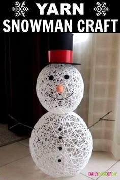 a snowman made out of yarn with text overlay saying how to make a yarn snowman craft