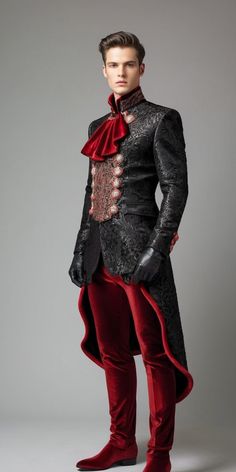 Baroque Outfit Men, Dark Prince Aesthetic Outfit, Black And Red Suit For Men, Circus Fashion Men, Fantasy Fashion Male, King Outfits, Circus Outfits, King Costume, Neo Baroque