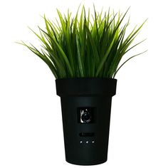 a black pot with some green grass in it and a camera on the top of it