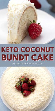 there is a cake with coconut and strawberries on the top, next to a bundt cake