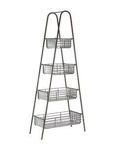 three tiered metal shelf with baskets on the bottom and bottom, against a white background