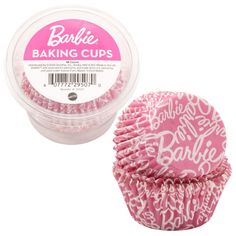 pink baking cupcakes in a plastic container with white writing on the front and bottom