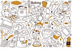 hand drawn doodle style illustration of baking related items