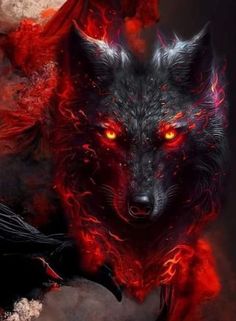 a painting of a wolf with red eyes and flames on it's face, in front of a dark background