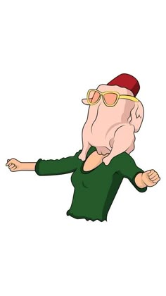 an old man with glasses and a red cap is flying through the air while wearing a green shirt