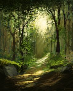 an oil painting of a path in the woods with sunlight coming through trees and leaves