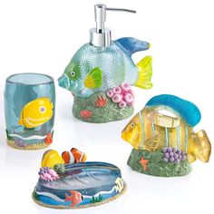 Under the Sea Resin 4-Piece Bathroom Accessory Set - Allure Home Creation Sea Bathroom Ideas, Sea Themed Bathroom, Under The Sea Bathroom, Ocean Bathroom Decor, Seashell Bathroom, Ocean Themed Bathroom, Aqua Bathroom, Fish Bathroom, Ocean Bathroom