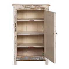 an old white cabinet with two shelves and one door open to reveal the contents inside