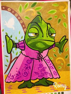 a drawing of a frog wearing a pink dress and holding her hand out to the side