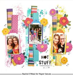 a scrapbook page with two photos and flowers on the pages, one is multicolored