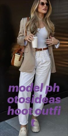 a woman in white pants and jacket holding a coffee cup with the words model pho oostideas hoofouti