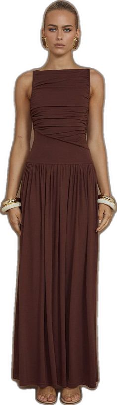 Elegant Long Dress In Solid Color, Elegant Brown Ruched Midi Dress, Flowy Brown Ruched Dresses, Chic Maxi Dress With Wide Hem, Chic Brown Floor-length Dresses, Elegant Brown Maxi Skirt, Elegant Brown Flowy Maxi Skirt, Elegant Flowy Brown Maxi Skirt, Brown Solid Color Maxi Dress