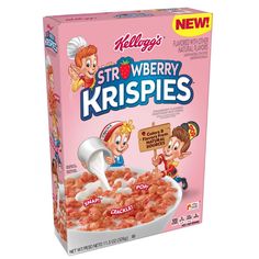 a box of strawberry krispies cereal on a white background