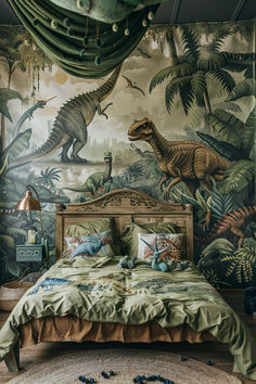 a bedroom with dinosaur wallpaper and green bedding