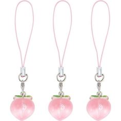 three pink heart shaped charms with initials on them, hanging from a lanyard cord