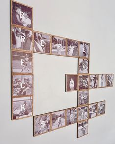 a white wall with multiple pictures hanging on it's sides and the letters e, f, c