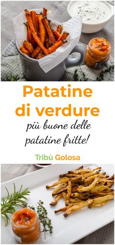 some french fries on a white plate with sauces in the background and an advertisement for patatine di verdure