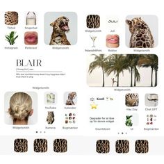 an image of a website page with different pictures and words on the front, including leopard print