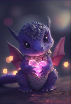 a little purple dragon sitting on top of a table with a heart shaped light in it's mouth