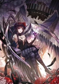 an anime character sitting on top of a bench with wings flying above her and blood splatters around her