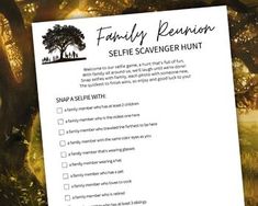 a family person selfie scavenger hunt is shown in front of a tree