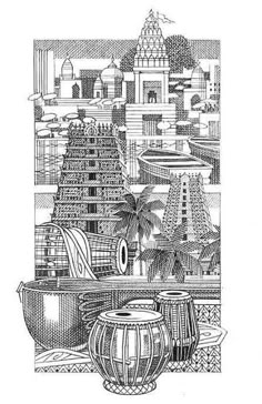 an ink drawing of pots and bowls in front of a cityscape with palm trees