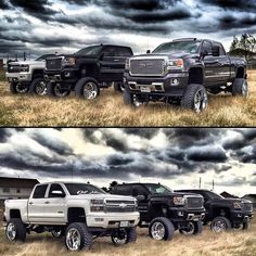 two pictures side by side of trucks in the middle of a field with storm clouds