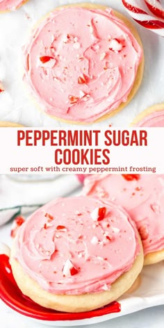 two sugar cookies with pink frosting on top and the words peppermint sugar cookies above them