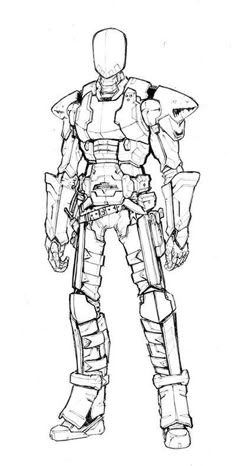 a black and white drawing of a robot standing with his hands on his hipss