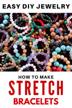 tabletop covered in simple stretch bracelets Stretch Bracelets Diy Tutorials, Easy Beaded Bracelets Diy Ideas, Making A Beaded Bracelet, Bracket Making Ideas Beads, Make Beads Diy, How To Make Elastic Bracelets, Diy Stretchy Bracelets, Beading Tips And Tricks, How To Start Making Jewelry