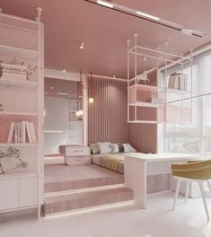 a room with pink walls and white furniture in the center, along with bookshelves