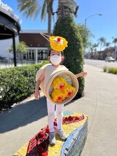 a little boy in a costume made out of fruit