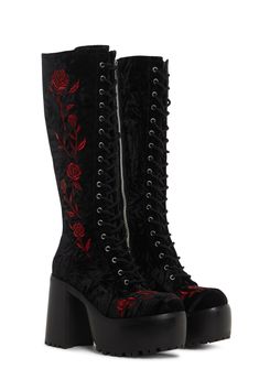 cuz they're enamored by you. These boots come in a velvet construction, with a platform heel, embroidered rose details, and an inner zip closure. Thigh High Goth Boots, Pink And Blue Boots, Unique Platform Heels, Masculine Shoes For Women, Chunky Black Platform Boots, Gothic Wedding Heels, Black And White Roses Wedding, Goth Outdoor Wedding, Black Boots Heel