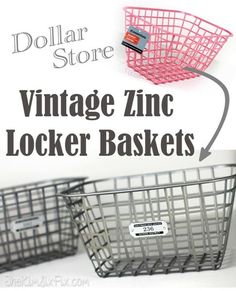 an advertisement for vintage zinc locker baskets with the words dollar store on it and a shopping basket