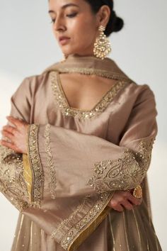 Brown Pakistani Suit, Tissue Dresses, Brown Anarkali, Tissue Dress, Indian Formals, Gota Embroidery, Embroidered Anarkali, Punjabi Outfits, Classy Suits