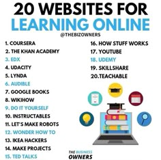 a poster with the words 20 web sites for learning online and how to use them