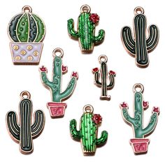 six cactus charms in different colors and designs on a white background with the same color