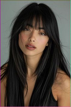 Straight Hairstyles Wolfcut, Long Bangs Around The Face, Hairstyle Long With Bangs, Bangs On Straight Hair Long, Straight Black Hair With Fringe, Long Asian Hair With Bangs, Bangs And Straight Long Hair, Soft Bangs Long Hair Straight, Long Bangs For Straight Hair