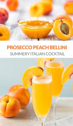 peach bellini summery italian cocktail with fresh peaches on the side and in glasses