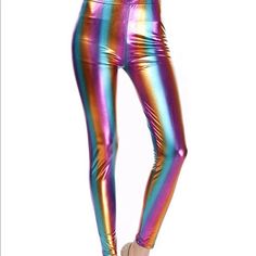 New Women's Hologram Flashbulb Metallic Rainbow Leggings Shiny Neon Tights Liquid High Waist Club Disco Yoga Pants, Perfect For Halloween Or Christmas Rock Star Costume, Rainbow Pants, Pu Leggings, Rainbow Leggings, Star Costume, Metallic Rainbow, Ombre Fabric, Disco Pants, Unicorn Costume