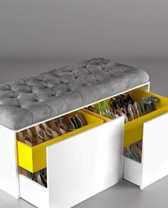 a bench that has some shoes in it and two drawers on the bottom with them