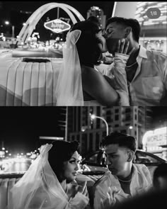 black and white photos of a couple kissing each other in front of a cityscape