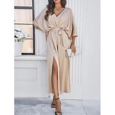 Season:Summer; Fabric:Polyester; Sleeve Length:3/4 Length Sleeve; Gender:Women's; Style:Formal; Occasion:Party; Fit Type:Regular Fit; Dresses Type:Tiered Dress; Design:Split Thigh; Neckline:V Neck; Sleeve Type:Batwing Sleeve; Listing Date:06/14/2024; Bust:null; Length:null; Sleeve:null; Waist:null; Fit US Size:null; Fit UK Size:null; Fit EU Size:null; Dress Length Type:Maxi Dress; Print Type:non-printing Loose Midi Dress, Kimono Maxi Dress, Dress Weights, Semi Formal Dress, Split Maxi Dress, Weave Style, Loose Dress, Everyday Dresses, Tiered Dress